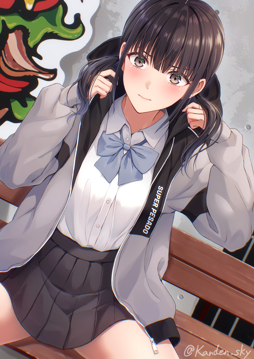1girl artist_name black_skirt blue_bow blue_bowtie blunt_bangs blush bow bowtie brown_eyes brown_hair closed_mouth clothes_writing collared_shirt commission dutch_angle grey_jacket highres holding_hands hood hood_down hooded_jacket jacket kanden_sky long_hair long_sleeves looking_at_viewer low_twintails miniskirt on_bench open_clothes open_jacket original pixiv_commission pleated_skirt school_uniform shirt sitting skirt solo spread_legs twintails twitter_username v-shaped_eyebrows white_shirt