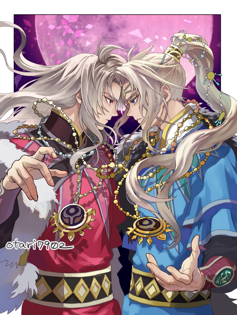 2boys blue_(saga_frontier) brothers closed_mouth fur_trim hair_ornament indesign jewelry long_hair looking_at_another male_focus moon multiple_boys necklace ponytail red_eyes rouge_(saga_frontier) saga saga_frontier siblings twins white_hair