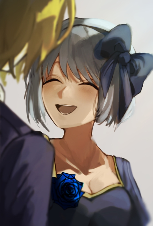 1boy 1girl ^_^ blonde_hair blue_bow blue_dress blue_flower blue_hair blue_hairband blue_suit blurry blurry_foreground bow breasts claire_elford cleavage closed_eyes closed_mouth collarbone dress flower formal_clothes grey_background hairband happy large_breasts light_blush looking_at_another noel_levine open_mouth out_of_frame puffy_sleeves rose@painter short_hair sidelocks simple_background smile solo_focus suit teeth witch&#039;s_heart
