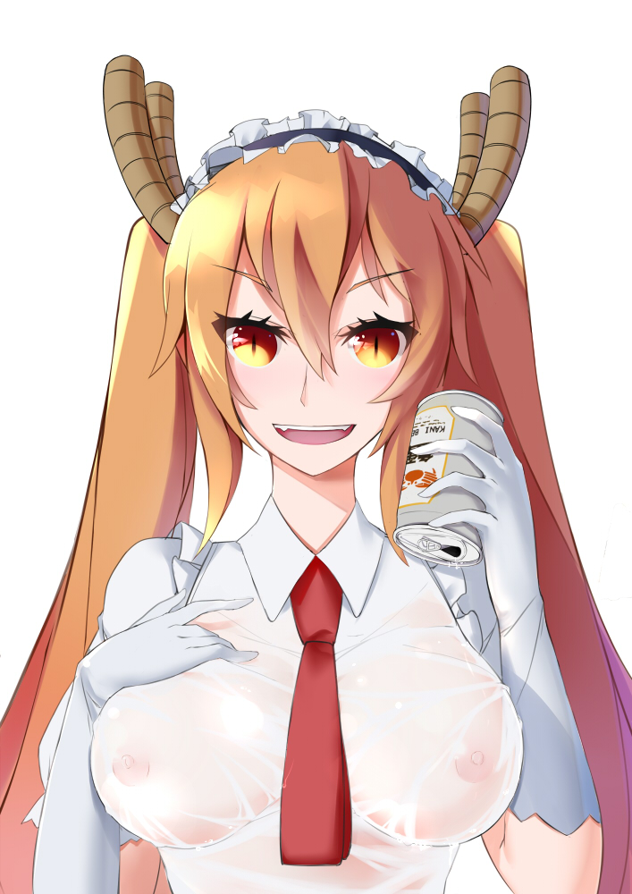 10s 1girl blonde_hair blush breasts can female_focus hair_between_eyes horns koba kobayashi-san_chi_no_maidragon large_breasts maid maid_headdress mrnn red_eyes see-through_clothes smile solo tohru_(maidragon)