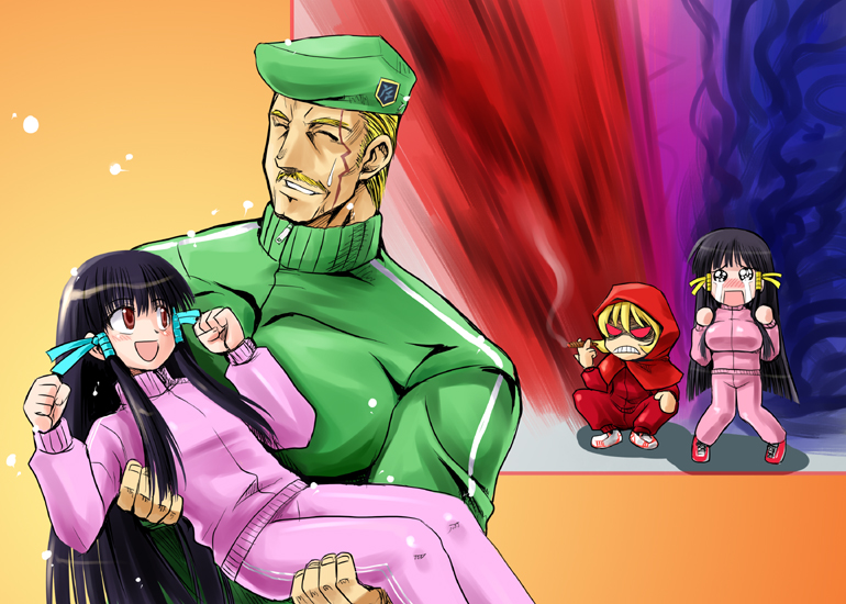 1boy 3girls aq_interactive arcana_heart atlus beret black_hair blonde_hair breasts b.b._hood capcom capelet carrying character_request cigar crossover crying examu facial_hair general_(kaiser_knuckle) green_beret grin hat hood hood_up hooded_capelet imai_nyuu inusurvivor kaiser_knuckle kasuga_koito kasuga_maori knees_together_feet_apart long_hair looking_at_another m.u.g.e.n medium_breasts multiple_girls mustache princess_carry red_capelet red_eyes shoes short_hair sidelocks small_breasts smile smoking sneakers squatting streaming_tears tears track_suit darkstalkers very_long_hair zipper_pull_tab