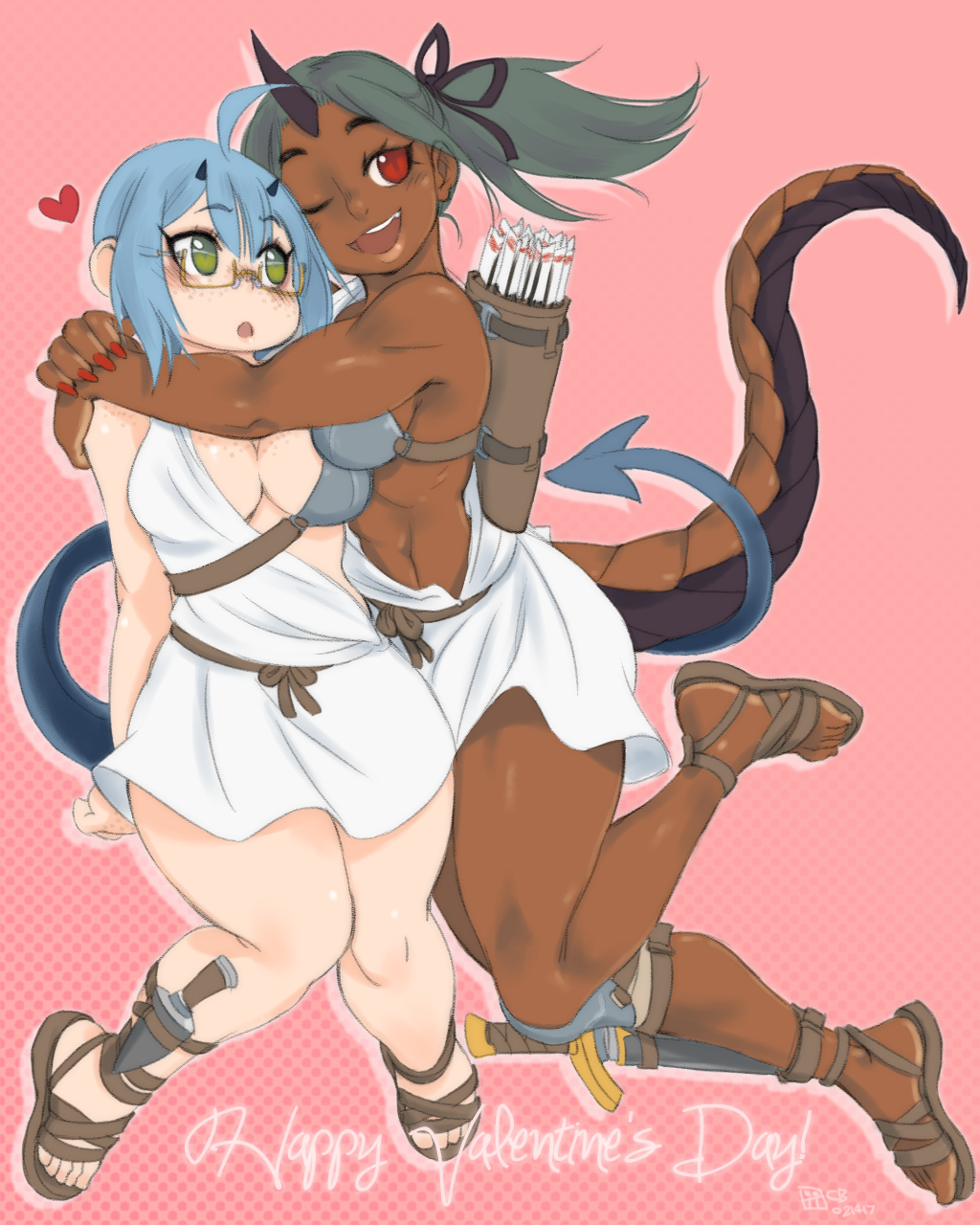 2girls ancient_greek_clothes armor basilisk blue_hair breast_press breastplate breasts chiton crybringer dagger dark-skinned_female dark_skin dated demon_girl demon_mages demon_tail dragon_tail freckles glasses greco-roman_clothes green_eyes green_hair happy_valentine heart highres horns hug knife medium_breasts multiple_girls one_eye_closed pink_background quiver red_eyes sandals semi-rimless_eyewear sheath sheathed single_horn tail tess_tesryon thick_eyebrows toga under-rim_eyewear weapon yuri ziggy_kakziga
