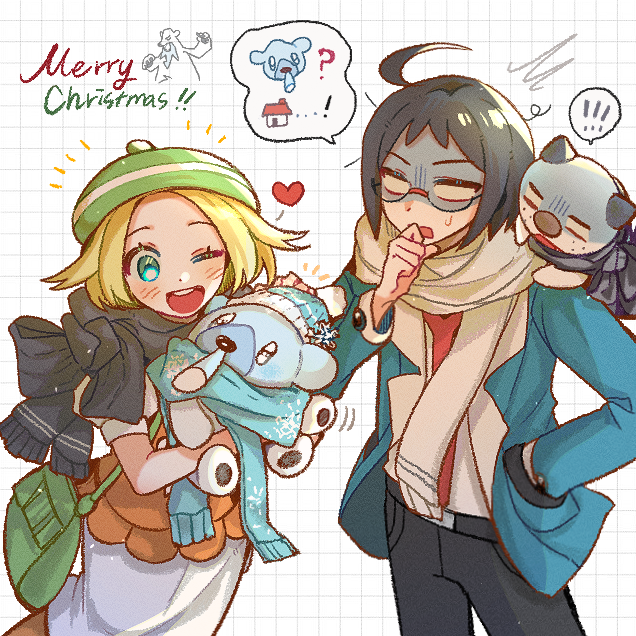 ! 1boy 1girl ;d ahoge beartic beret bianca_(pokemon) black_hair blank_eyes blonde_hair cheren_(pokemon) commentary_request cubchoo dress eyelashes gen_5_pokemon green_bag green_eyes green_hat grid_background hand_in_pocket hand_up hat heart holding holding_pokemon jacket kong_(6ki3ki) korean_commentary merry_christmas nintendo on_shoulder one_eye_closed open_clothes open_jacket open_mouth orange_pantyhose orange_vest oshawott pants pantyhose pokemon pokemon_(creature) pokemon_bw pokemon_on_shoulder scarf shaded_face shirt short_hair smile spoken_exclamation_mark sweatdrop teeth upper_teeth_only vest white_dress white_shirt