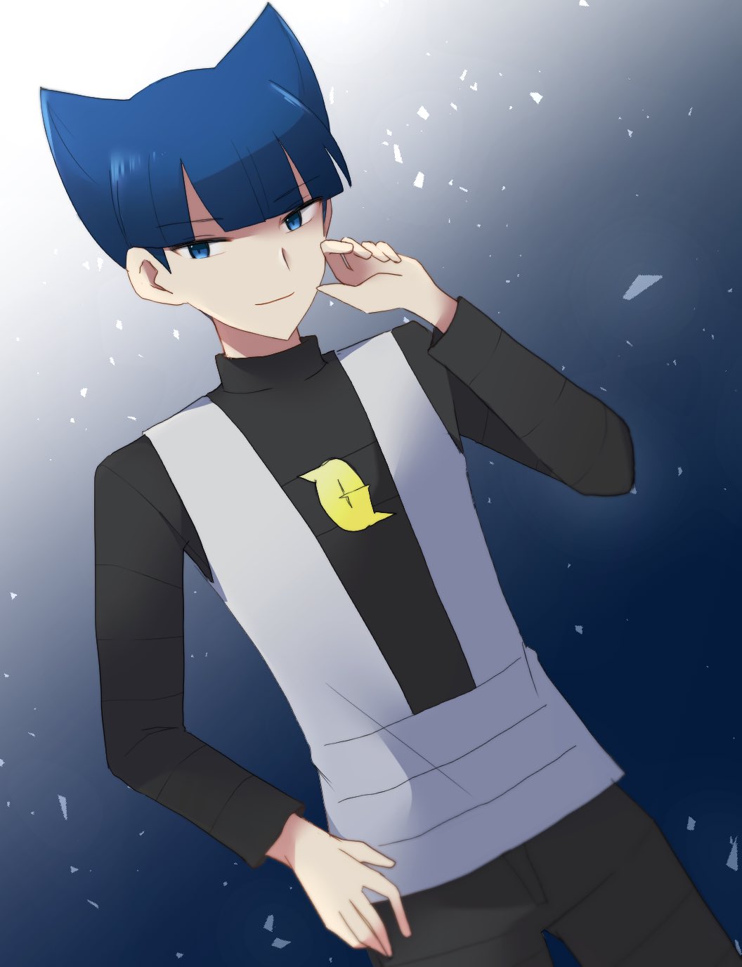 1boy black_pants black_shirt blue_eyes blue_hair blunt_bangs closed_mouth commentary_request cowboy_shot creatures_(company) game_freak gradient_background hand_on_own_hip hand_up highres logo long_sleeves looking_at_viewer male_focus nintendo ohn_pkmn pants pokemon pokemon_dppt saturn_(pokemon) shirt short_hair smile solo team_galactic two_side_up vest