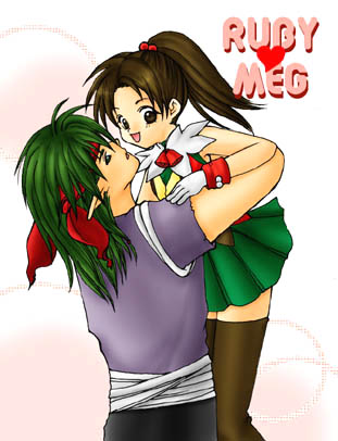 1boy 1girl brown_eyes brown_hair character_name couple elf gensou_suikoden gensou_suikoden_i gensou_suikoden_ii green_hair hetero lowres meg_(suikoden) nino_(nino_imo) pointy_ears rubi_(suikoden) thighhighs