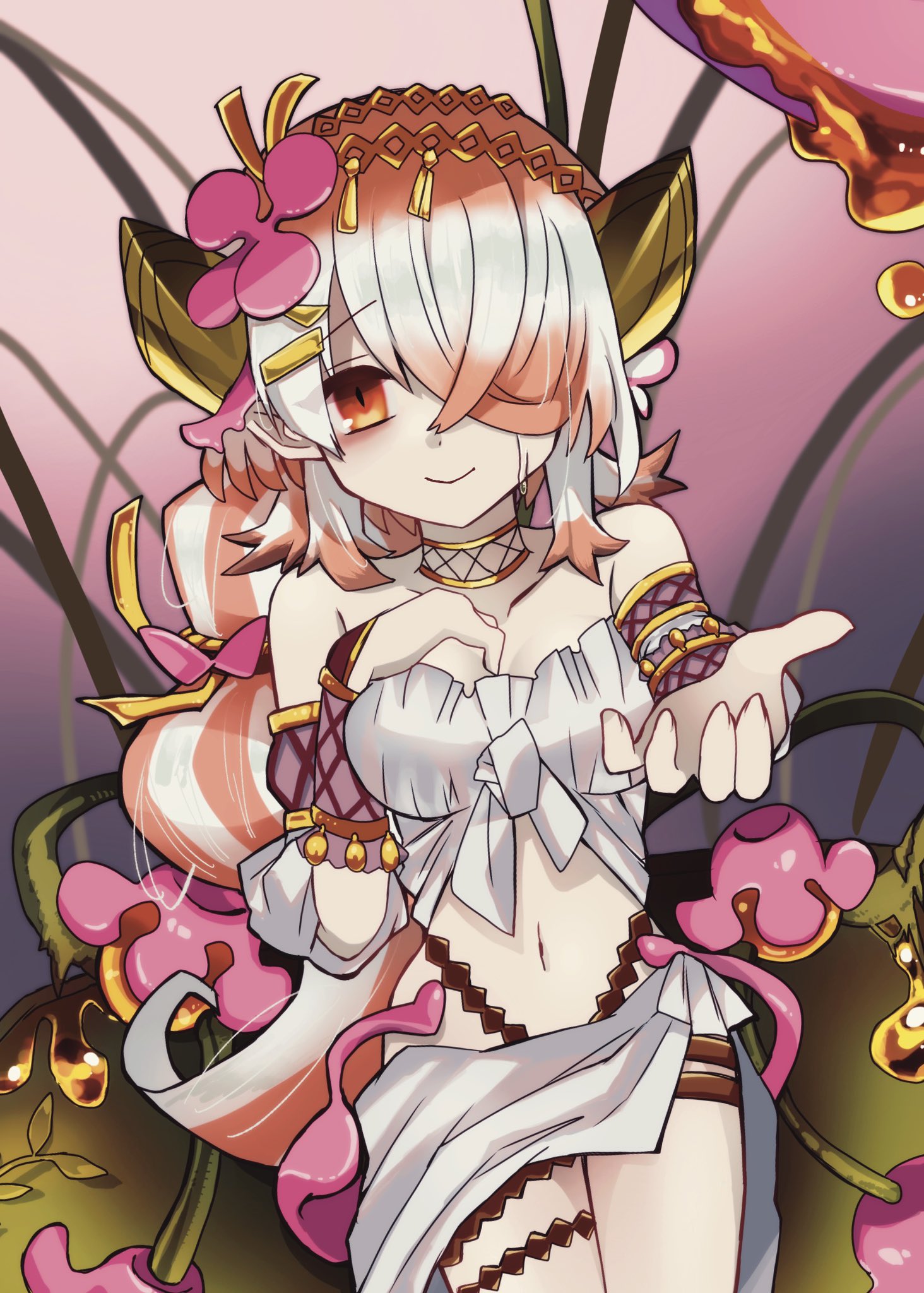 1girl armlet bare_shoulders breasts collarbone duel_monster flower front-tie_top hair_flower hair_ornament hair_over_one_eye hand_on_own_chest highres jewelry large_breasts long_hair midriff multicolored_hair navel nectar pink_flower reaching reaching_towards_viewer red_eyes sarong sitting smile solo strapless thighlet thighs traptrix_pinguicula tube_top two-tone_hair uni_(u2cream) very_long_hair white_tube_top wristband yu-gi-oh!