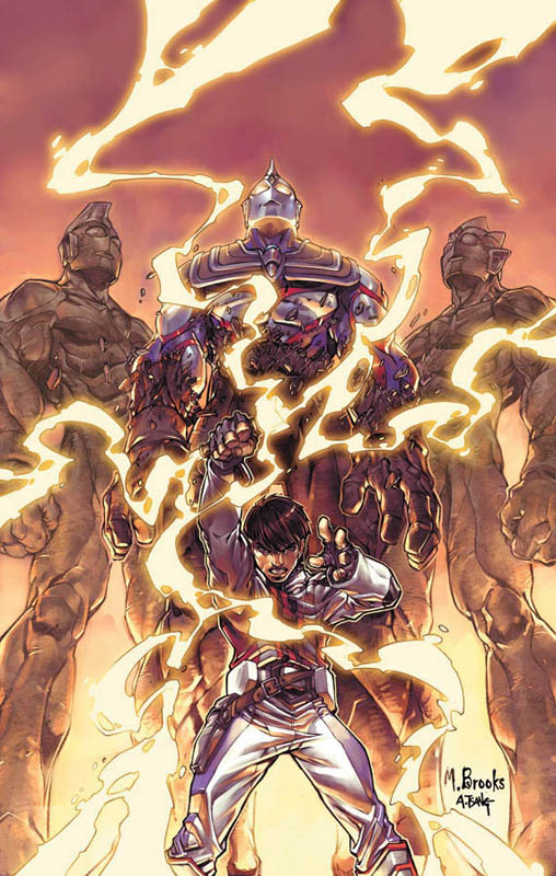 1boy brown_hair gradient_background gun lightning madoka_daigo male_focus mark_brooks signature solo statue tsuburaya_productions ultra_series ultraman_tiga ultraman_tiga_(multi_type) ultraman_tiga_(series) weapon