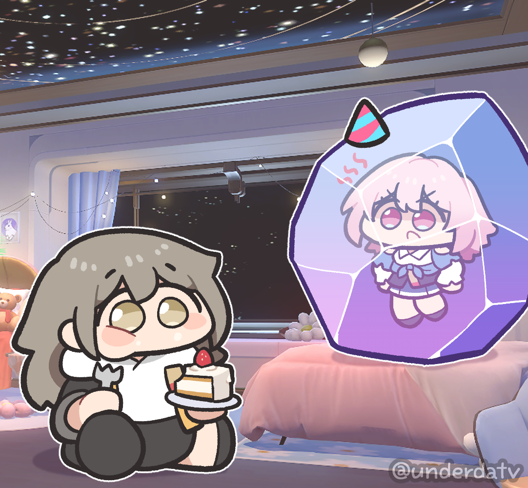 2girls 3d_background ankle_boots black_boots black_overskirt blue_eyes blue_jacket blue_skirt boots cake cake_slice chibi closed_mouth commentary_request crystal eating encasement food fork full_body grey_hair hat holding holding_fork honkai:_star_rail honkai_(series) jacket korean_commentary long_sleeves march_7th_(honkai:_star_rail) march_7th_(preservation)_(honkai:_star_rail) medium_hair miniskirt multicolored_eyes multiple_girls party_hat pink_eyes pink_hair pleated_skirt shirt skirt stelle_(honkai:_star_rail) tied_jacket trailblazer_(honkai:_star_rail) twitter_username two-tone_eyes underbust underdatv white_shirt yellow_eyes