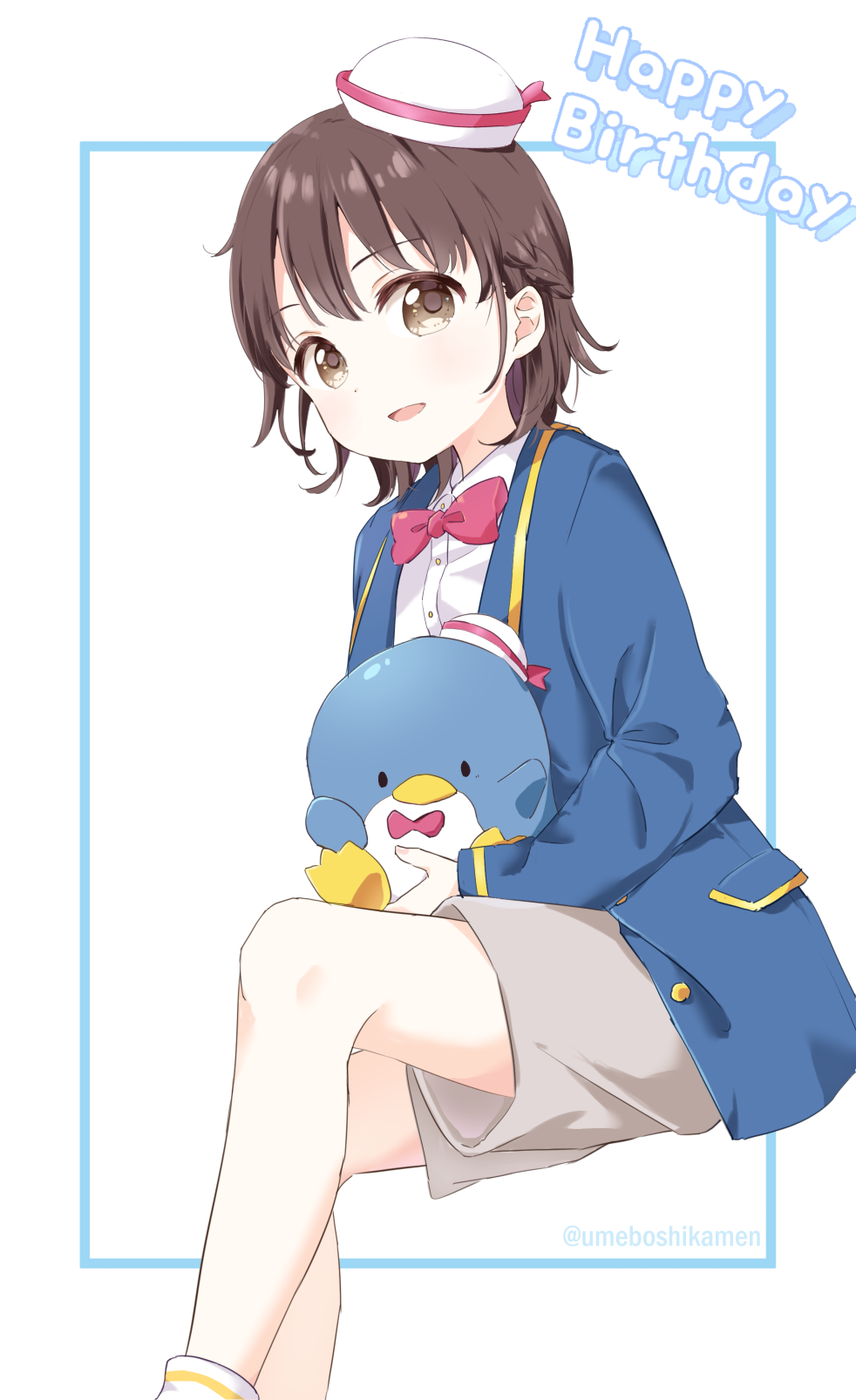 1girl black_hair blue_jacket bow bowtie brown_eyes buttons character_doll collared_shirt dixie_cup_hat doll funami_yui grey_shorts happy_birthday hat highres holding holding_doll inset_border invisible_chair jacket mearian military_hat open_mouth outside_border pink_bow pink_bowtie pocket sanrio shirt short_hair shorts sitting smile socks solo tuxedo_sam twitter_username white_background white_hat white_shirt white_socks yuruyuri