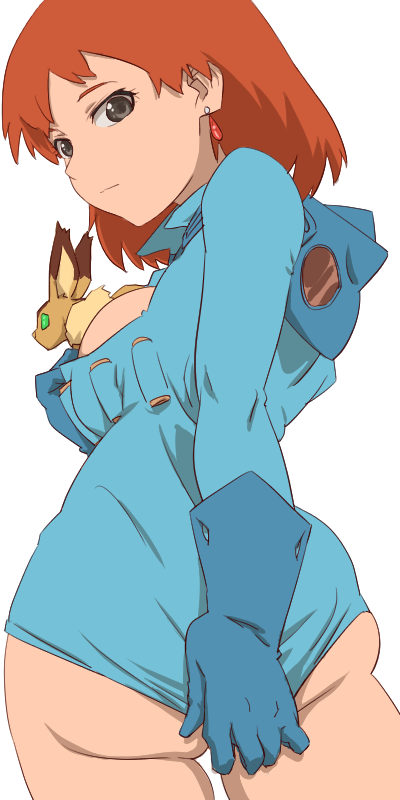 1girl animal aonori_misuji ass blue_gloves breasts brown_eyes brown_hair closed_mouth earrings gloves jewelry kaze_no_tani_no_nausicaa looking_at_viewer nausicaa short_hair simple_background solo teto_(nausicaa) white_background