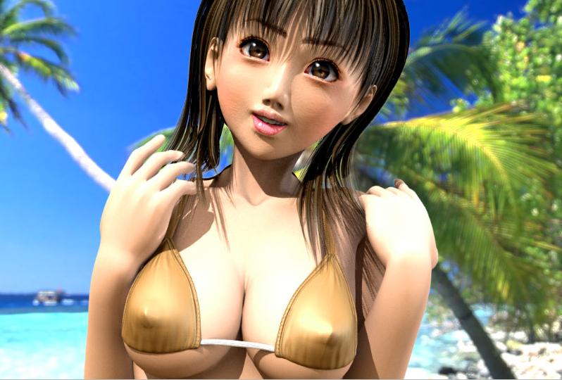 1girl 3d beach bikini breasts brown_eyes brown_hair covered_erect_nipples day female_focus flear incise_soul large_breasts m-rs ocean outdoors solo swimsuit