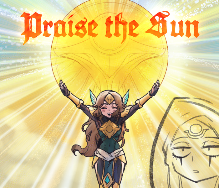 2girls armor arms_up black_gloves blush brown_hair closed_eyes commentary covered_navel crescent crescent_facial_mark diana_(league_of_legends) dust english_text facial_mark forehead_mark full_armor gloves hair_ornament league_of_legends leona_(league_of_legends) light_particles long_hair multiple_girls open_mouth parted_bangs phantom_ix_row praise_the_sun shurima_(league_of_legends) smile standing sun symbol-only_commentary