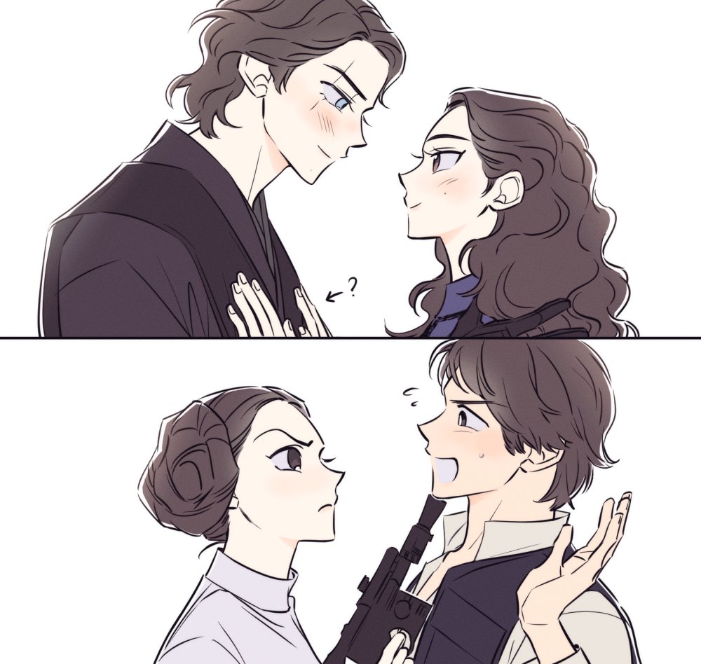 2boys 2girls ? anakin_skywalker animification blaster_(star_wars) blue_eyes brown_hair couple han_solo happy hetero multiple_boys multiple_girls open_mouth padme_amidala princess_leia scar scar_across_eye scar_on_face simple_background skdlfjgrp smile star_wars star_wars:_a_new_hope star_wars:_revenge_of_the_sith white_background