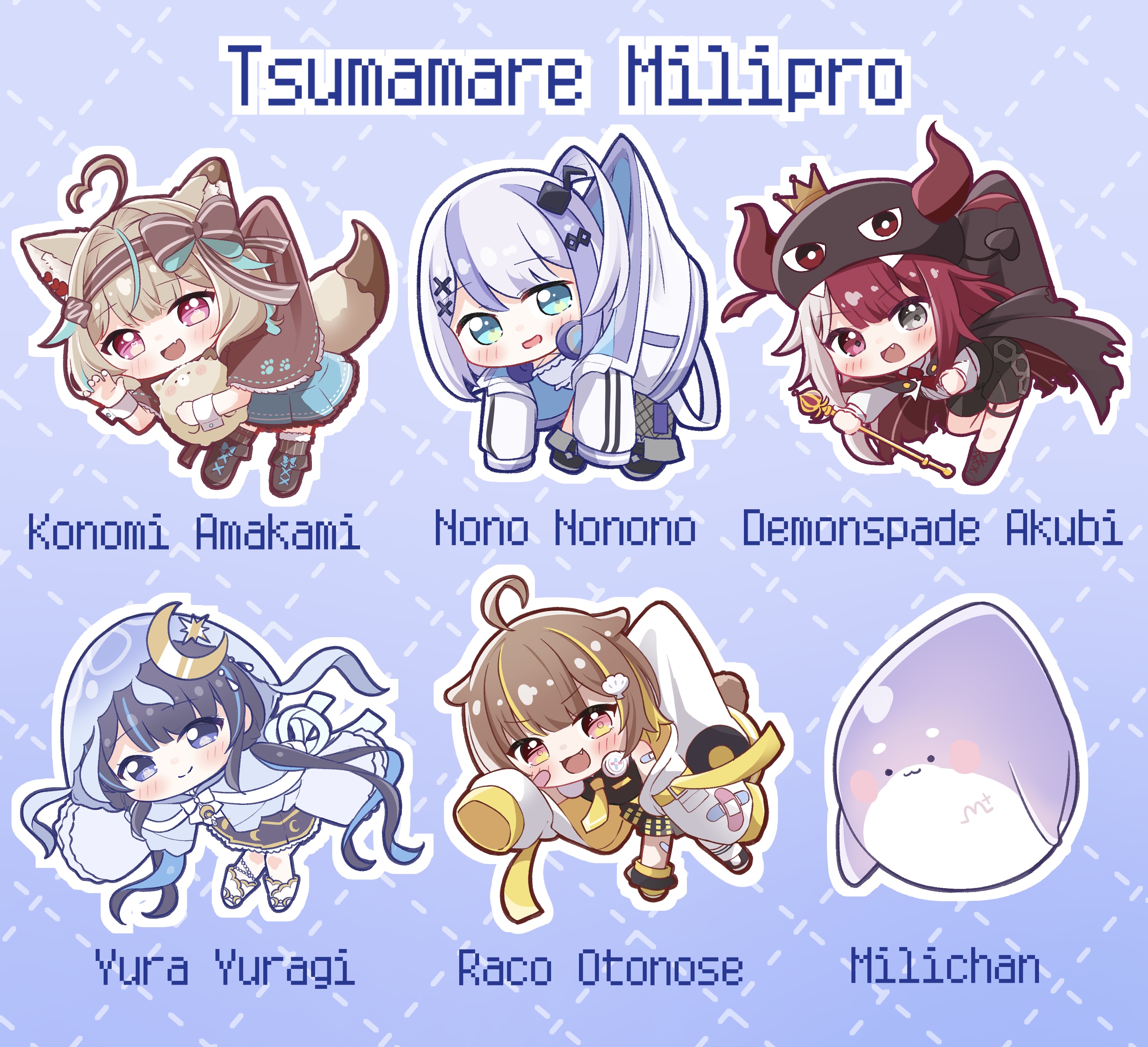 5girls :d ^_^ absurdres ahoge akubi_demonspade amakami_konomi animal_ears aqua_eyes aqua_hair bandeau black_footwear black_hair black_hat black_shorts black_skirt blonde_hair blue_background blue_eyes blue_hair blue_skirt blunt_bangs brown_eyes brown_hair character_name chibi chibi_only claw_pose closed_eyes commentary_request criss-cross_halter dotted_line drooling eighth_note fang fortissimo grey_hair grid_background hair_ornament halterneck hat headphones headphones_around_neck heart heart_ahoge heterochromia highres hood hood_up horned_hat kiryu_(sora_no_iroto) long_hair looking_at_viewer milichan million_production miniskirt multicolored_hair multiple_girls musical_note musical_note_hair_ornament nonono_nono open_mouth orange_eyes otonose_raco otter_ears otter_girl otter_tail outline pink_eyes pixel_text pleated_skirt purple_hair red_eyes shoes shorts sidelocks skin_fang skirt smile sneakers split-color_hair streaked_hair tail v-shaped_eyebrows virtual_youtuber white_bandeau white_outline wolf_ears wolf_girl wolf_tail x_hair_ornament yuragi_yura