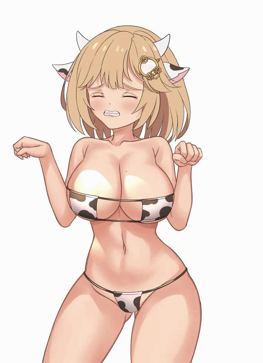 1girl animal_ears animal_print animated animated_gif bikini blonde_hair blush breasts cleavage cow_ears cow_horns cow_print cow_print_bikini dancing embarrassed gluteal_fold highres hololive hololive_english honkivampy horns large_areolae large_breasts looping_animation meme mole mole_on_breast navel print_bikini sad_cat_dance_(meme) short_hair simple_background solo standing swimsuit underboob virtual_youtuber watson_amelia white_background