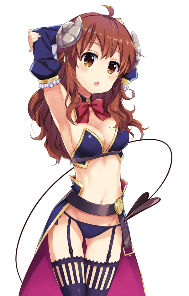 1girl arms_behind_head bikini black_thighhighs blue_bikini blue_sky bow bowtie breasts brown_eyes brown_hair commentary cowboy_shot crisis_management_form_(machikado_mazoku) demon_girl demon_horns demon_tail detached_collar detached_sleeves female_focus frilled_sleeves frills garter_straps horns long_hair looking_at_viewer machikado_mazoku medium_breasts navel open_mouth overskirt red_bow red_bowtie shikou_sakugo_(qqap9gt9k) side-tie_bikini_bottom sky solo standing string_bikini swimsuit tail thigh_gap thighhighs wing_collar yoshida_yuuko_(machikado_mazoku)