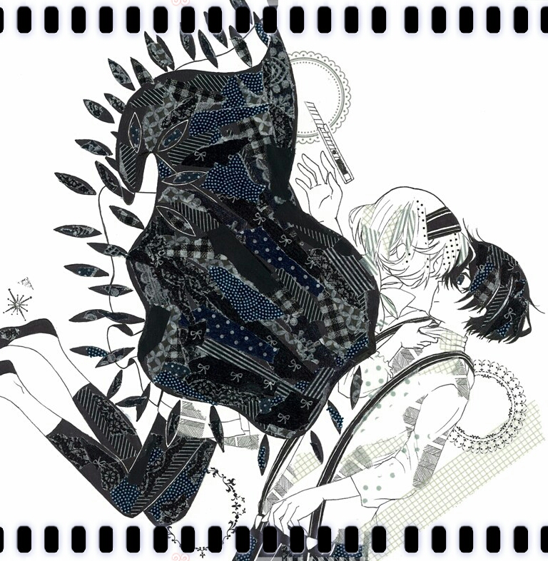 1boy 1girl abstract bow bowtie boxcutter clothes_grab collar_grab commentary_request dress_shirt face-to-face film_strip_border from_side greyscale hairband hetero leggings looking_at_another masking_tape_(medium) mixed_media monochrome neckwear_grab nisoku_hokou_(vocaloid) open_hand poncho_(ponpontyo_8) shawl shirt shoes short_hair suspenders three-quarter_sleeves traditional_media unconventional_media vocaloid