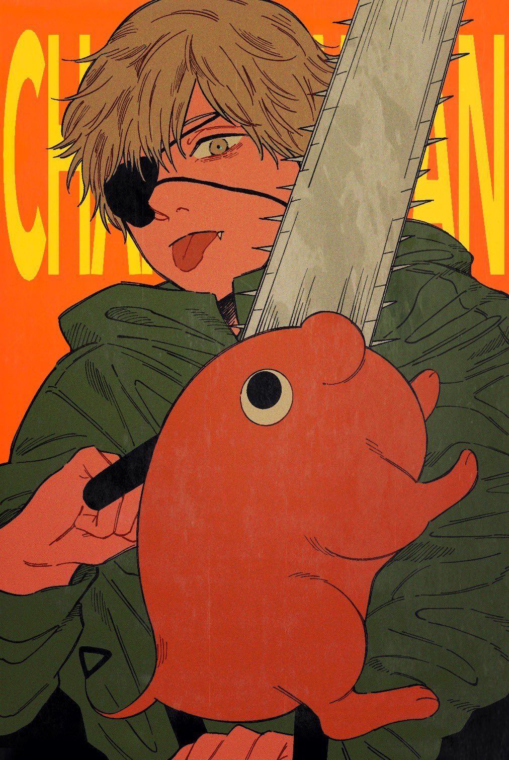 1boy blonde_hair blood chainsaw chainsaw_man coat denji_(chainsaw_man) eyepatch fang highres llq9ull looking_at_viewer orange_background pet pochita_(chainsaw_man) sharp_teeth short_hair simple_background teeth tongue tongue_out trench_coat weapon