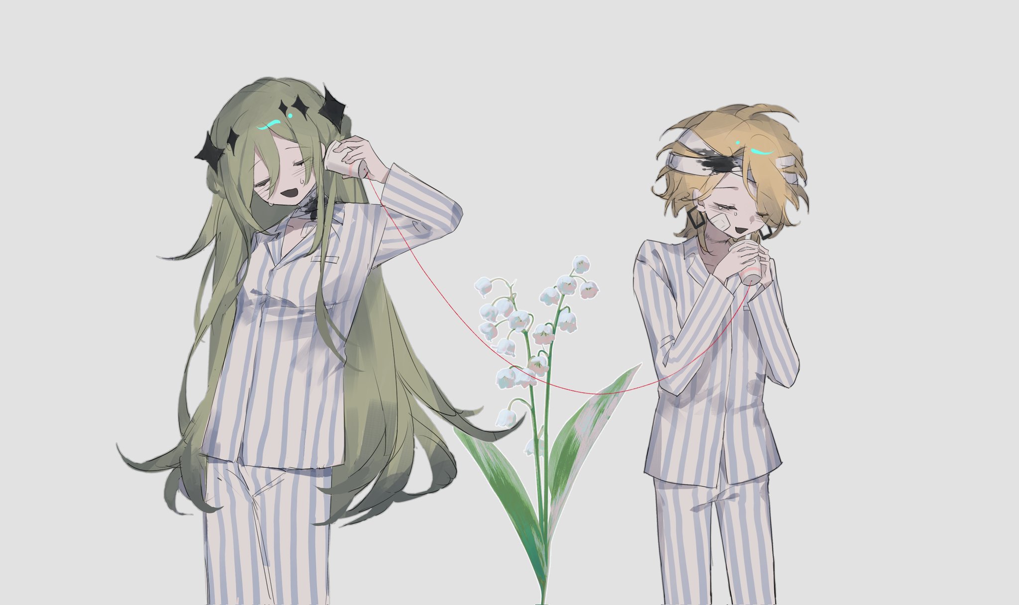 16personalities 2girls adventurer_(16personalities) bandaged_head bandaged_neck bandages black_blood blood blue_eyes cowboy_shot earrings flower green_eyes green_hair hair_between_eyes hand_up highres jewelry kuuki_garden lily_of_the_valley long_hair long_sleeves mediator_(16personalities) multiple_girls open_mouth pajamas shirt sidelocks simple_background striped_clothes striped_pajamas striped_shirt very_long_hair white_background