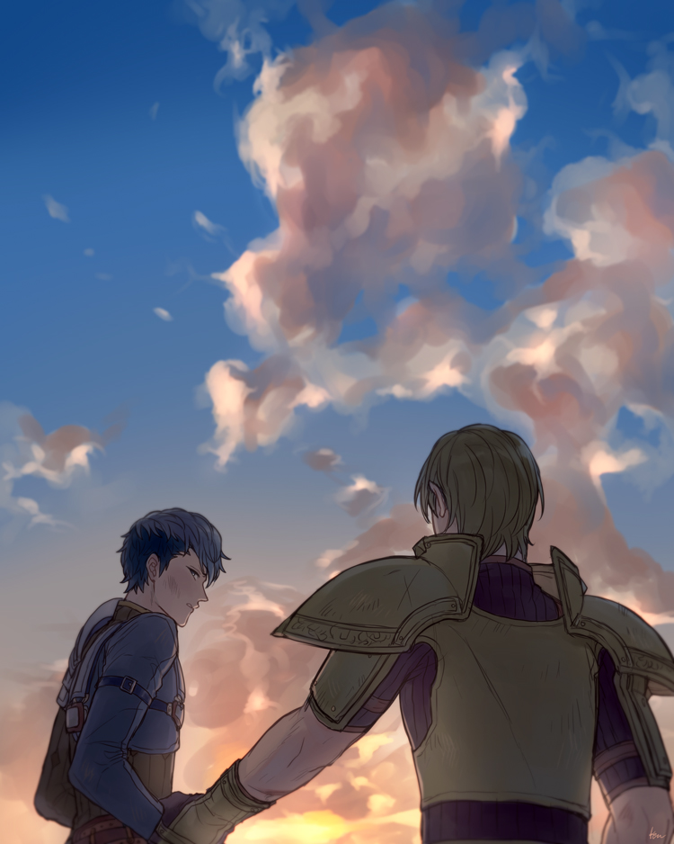 2boys akke armor artist_name back blue_eyes blue_hair cloud fire_emblem fire_emblem_echoes:_shadows_of_valentia forsyth_(fire_emblem) gloves green_hair male_focus multiple_boys nintendo python_(fire_emblem) sky teeth upper_body yaoi