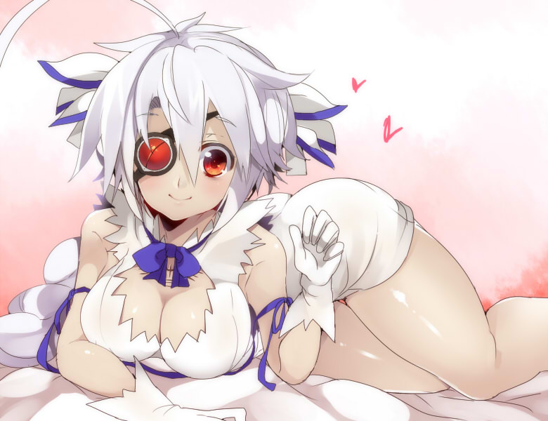 1girl ahoge blazblue braid breasts cleavage cleavage_cutout clothing_cutout cosplay dungeon_ni_deai_wo_motomeru_no_wa_machigatteiru_darou_ka eyepatch female_focus hestia_(danmachi) hestia_(danmachi)_(cosplay) large_breasts nu-13 parody red_eyes rei_no_himo silver_hair solo uzukinoko