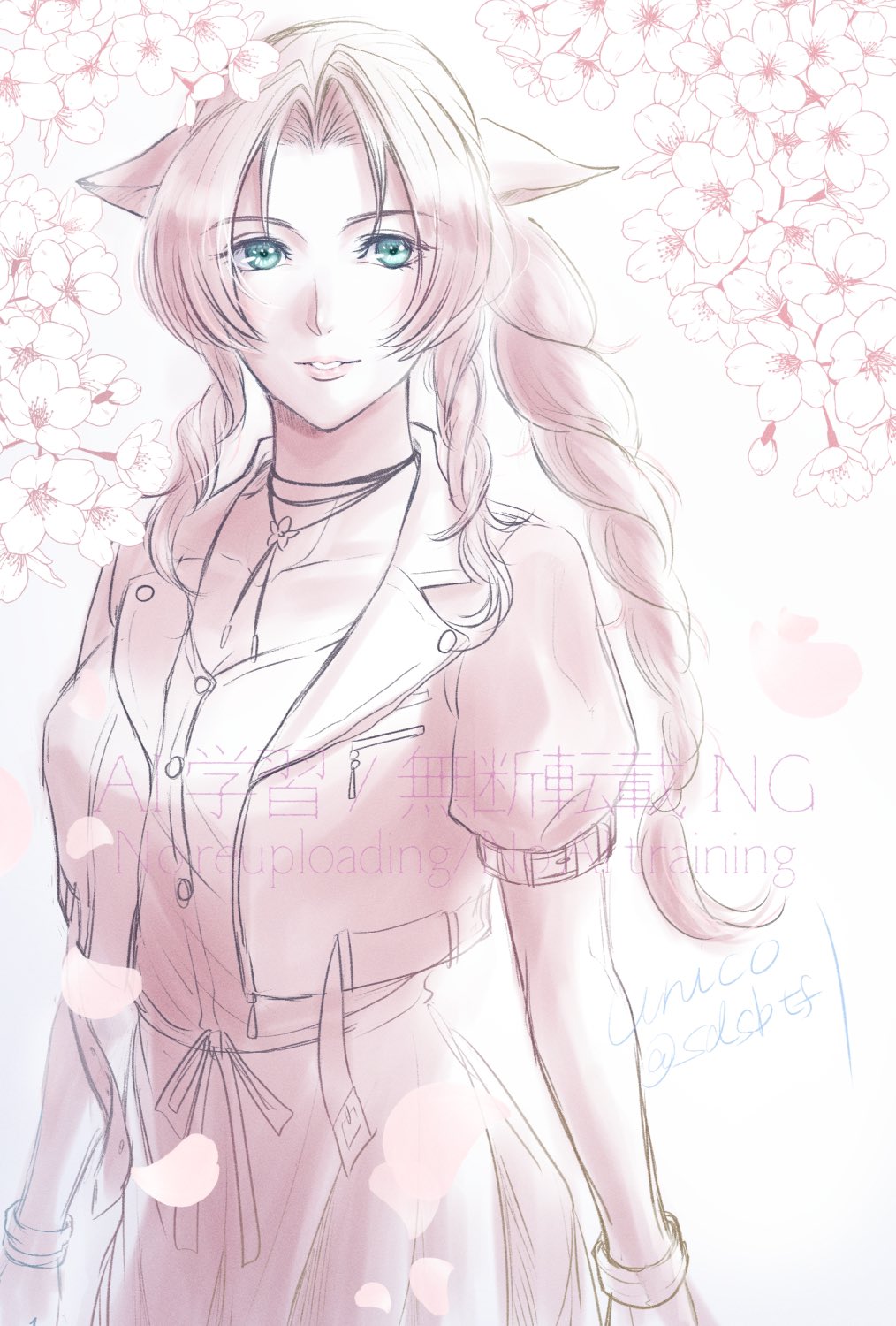 1girl aerith_gainsborough bangle bracelet braid braided_ponytail breasts cherry_blossoms choker cleavage cropped_jacket dress final_fantasy final_fantasy_vii final_fantasy_vii_rebirth final_fantasy_vii_remake flower_choker green_eyes hair_ribbon highres jewelry light_smile limited_palette long_dress medium_breasts parted_bangs parted_lips puffy_short_sleeves puffy_sleeves ribbon sdsbtfl short_sleeves sidelocks single_braid solo twitter_username upper_body