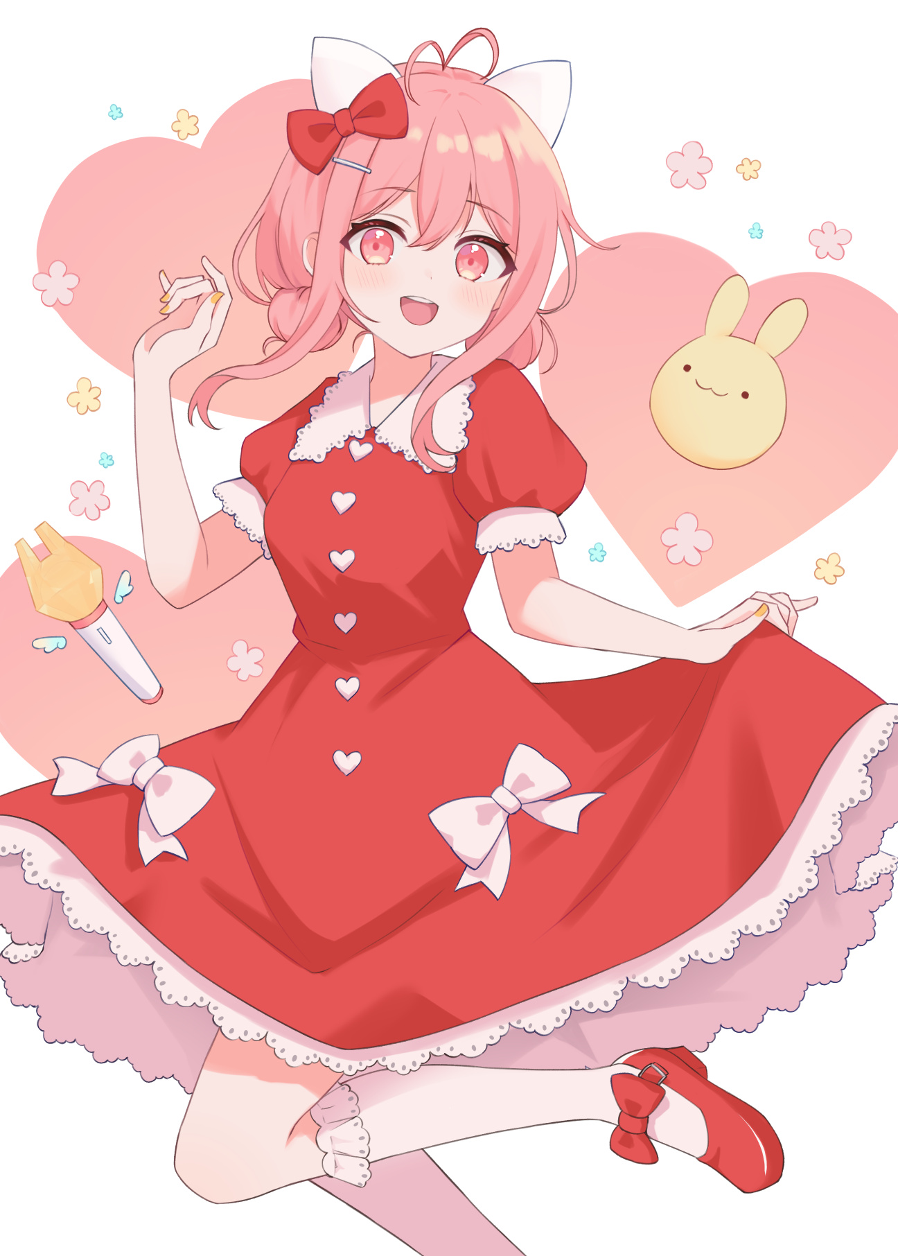 1girl ahoge animal_ears antenna_hair arm_up bow buttons cat_ears commission double_bun dress fake_animal_ears foot_out_of_frame footwear_bow frilled_dress frilled_socks frills furutori hair_bow hair_bun hair_ornament hairclip heart heart_ahoge heart_background heart_button highres kneehighs looking_at_viewer mary_janes medium_hair open_mouth original pink_eyes pink_hair red_bow red_dress red_shoes shoes short_sleeves sidelocks skeb_commission skirt_hold smile socks solo standing standing_on_one_leg teeth upper_teeth_only white_background white_bow white_socks yellow_nails