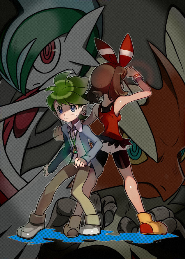 1boy 1girl arm_up back-to-back bare_shoulders bike_shorts bike_shorts_under_shorts blaziken blush bow bow_hairband breasts brown_hair brown_pants clenched_hands closed_mouth collared_shirt commentary_request gallade gen_3_pokemon gen_4_pokemon green_hair grey_eyes grey_jacket hairband jacket long_sleeves mari_mokomo may_(pokemon) medium_breasts medium_hair mega_blaziken mega_gallade mega_pokemon nintendo pants pokemon pokemon_(creature) pokemon_oras red_bow red_hairband red_shirt shirt shoes short_hair shorts sleeveless sleeveless_shirt sweatdrop wally_(pokemon) white_shirt white_shorts yellow_shoes