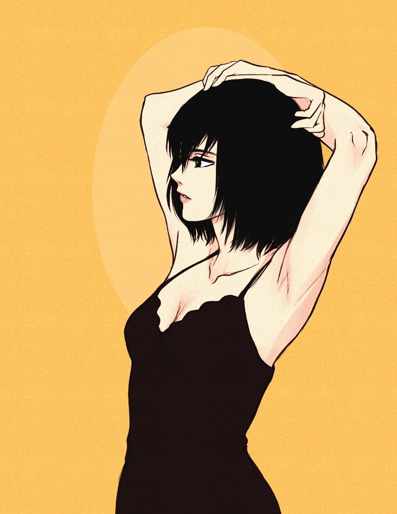 1girl armpits arms_up black_dress black_eyes black_hair breasts cleavage commentary daydream24-7 dress english_commentary looking_to_the_side medium_breasts medium_hair mikasa_ackerman parted_lips pink_lips profile shingeki_no_kyojin solo upper_body yellow_background