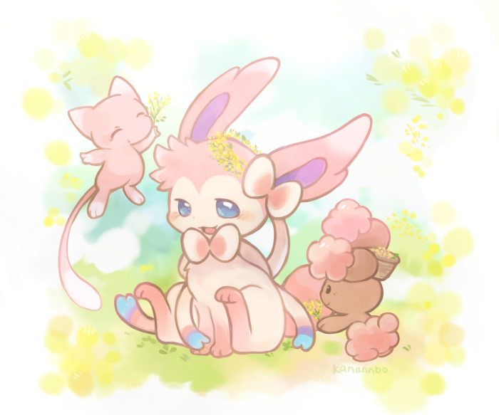 alternate_color blue_eyes bright_pupils buneary commentary_request flower full_body gen_1_pokemon gen_4_pokemon gen_6_pokemon head_wreath holding konanbo legendary_pokemon looking_at_viewer mew_(pokemon) mythical_pokemon nintendo no_humans open_mouth pokemon pokemon_(creature) shiny_pokemon sylveon white_pupils yellow_flower