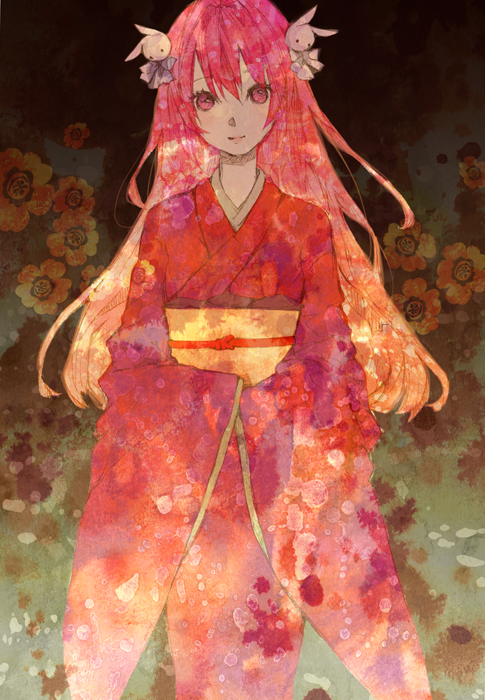 1girl bad_id bad_pixiv_id bonnou-s-rice female_focus flower hair_ornament japanese_clothes kimono long_hair misha misha_(pita_ten) pink_eyes pink_hair pita_ten rabbit_hair_ornament smile solo