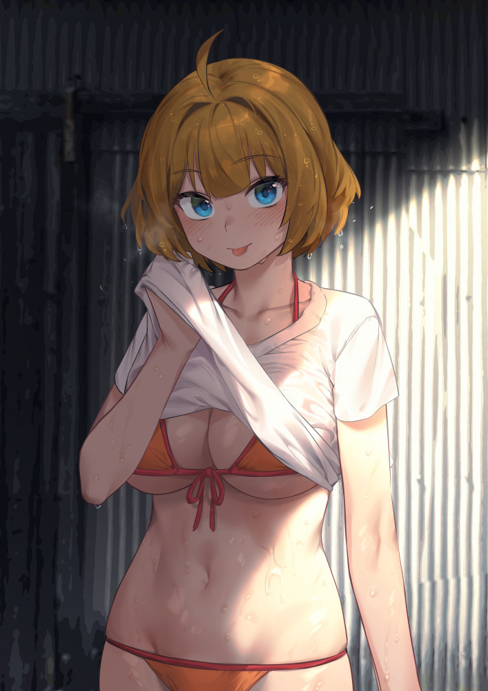 1girl ahoge bikini bikini_under_clothes blonde_hair blue_eyes blush breasts cleavage griffon_(last_origin) ichihyaku_nanajuu korean_commentary large_breasts last_origin looking_at_viewer orange_bikini shirt solo swimsuit tongue tongue_out wet wet_clothes wet_hair white_shirt