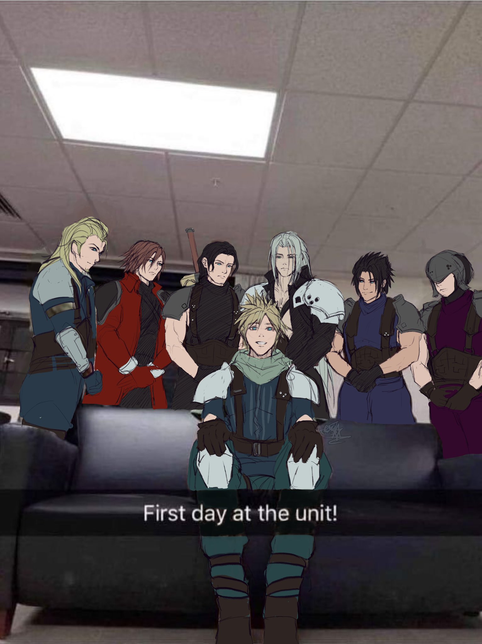 angeal_hewley armor black_hair blonde_hair brown_hair casting_couch couch crisis_core_final_fantasy_vii final_fantasy final_fantasy_vii genesis_rhapsodos green_scarf grey_hair guardianot hashtag-only_commentary helmet highres implied_yaoi kunsel looking_at_another male_focus meme multiple_boys on_couch parody pauldrons photo_background piper_perri_surrounded_(meme) roche_(ff7r) scarf scene_reference sephiroth shinra_infantry_uniform shoulder_armor sitting smile snapchat spiked_hair surrounded zack_fair