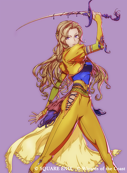 1girl arm_up blonde_hair celes_chere copyright_notice final_fantasy final_fantasy_vi hip_vent holding holding_sword holding_weapon ikeda_(cpt) long_hair looking_at_viewer magic:_the_gathering official_art pants purple_eyes sash solo sword waist_sash weapon yellow_pants