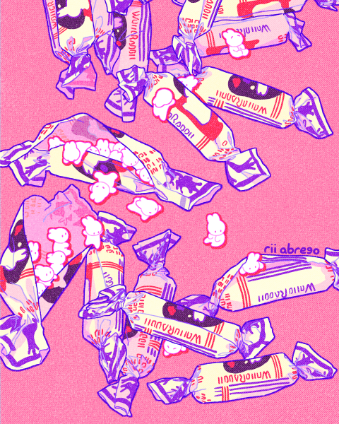 animal candy candy_wrapper color_variation commentary cropped downscaled english_commentary film_grain food lying minimized no_humans no_mouth original outline paid_reward_available pile pink_background pink_eyes pink_outline purple_outline rabbit resized rii_abrego signature simple_background sitting solid_eyes sweets upside-down white_fur white_rabbit_(animal) wrapped_candy