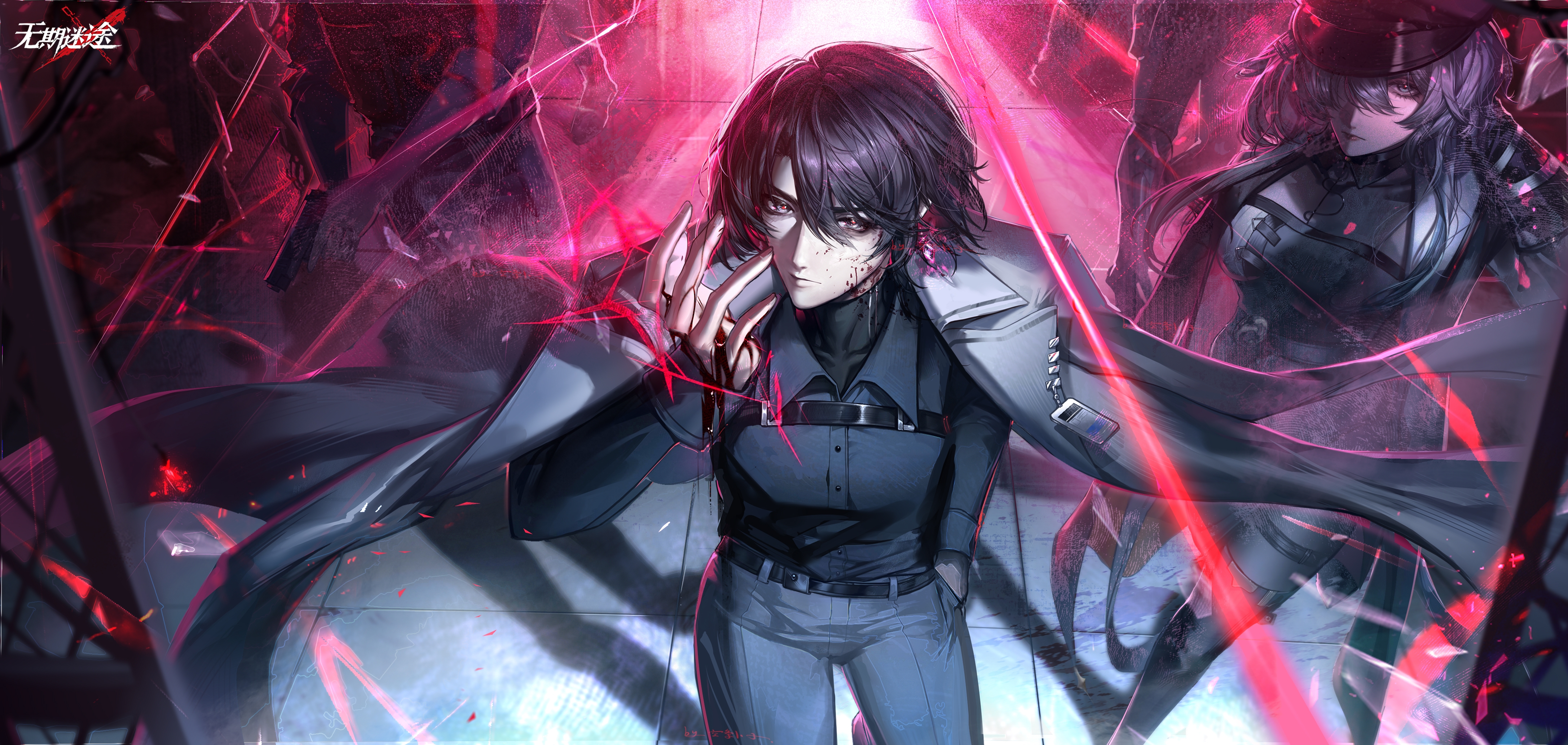 1boy 1girl absurdres adjusting_earphones aqua_hair black_footwear black_hair black_hat black_pantyhose black_undershirt blood blood_on_face blood_on_hands body_armor bodystocking boots casting_spell chest_harness chief_(path_to_nowhere) chinese_commentary coat coat_on_shoulders collared_shirt commentary copyright_name covered_collarbone cowboy_shot detached_collar dress earrings formal_clothes glowing glowing_earrings grey_coat grey_pants grey_shirt gun hair_over_one_eye hand_in_pocket handgun harness hat highres id_card jewelry kepi kong_tiao_bo_zi long_hair looking_at_viewer looking_up male_chief_(path_to_nowhere) male_focus military_hat nightingale_(path_to_nowhere) open_clothes open_coat pants pantyhose path_to_nowhere people red-eye_effect shirt short_hair single_earring soldier solo_focus split-color_clothes suit thigh_boots tile_floor tiles two-sided_coat two-sided_fabric weapon