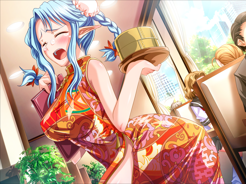 1girl blue_hair blush china_dress chinese_clothes double_bun dress elf embarrassed eyes_closed game_cg harem_party pointy_ears sofisutia_gushigusu