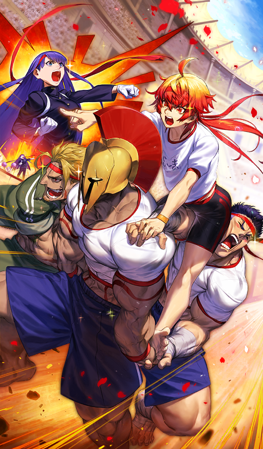 2girls 4boys abs ahoge arm_tattoo azusa_(hws) beowulf_(fate) beowulf_(muscle_cavalier)_(fate) bishounen black_hair black_jacket black_shorts blonde_hair blue_eyes blue_shorts blue_sky blush bracelet chest_tattoo clenched_hands closed_eyes colosseum commentary crop_top crossdressing day dutch_angle fate/grand_order fate_(series) fergus_mac_roich_(fate) fergus_mac_roich_(muscle_cavalier)_(fate) floating_hair gakuran gloves gold_helmet green_jacket green_pants gym_shirt gym_shorts gym_uniform headband helmet high_collar jacket jewelry kibasen leonidas_(fate) leonidas_(muscle_cavalier)_(fate) long_hair long_sleeves low_ponytail male_focus martha_(fate) martha_(muscle_cavalier)_(fate) mash_kyrielight mash_kyrielight_(muscle_cavalier) motion_lines multiple_boys multiple_girls muscular muscular_male name_tag official_art ouendan outdoors pants pectorals petals pointing pom_pom_(cheerleading) ponytail projected_inset purple_hair rama_(fate) rama_(muscle_cavalier)_(fate) red_hair red_headband red_tattoo rose_petals scar scar_on_chin scar_on_face school_uniform shirt short_hair short_sleeves shorts shouting sky sleeves_rolled_up sparkle straight_hair sunlight tattoo teeth third-party_source undersized_clothes veins very_long_hair white_gloves white_shirt