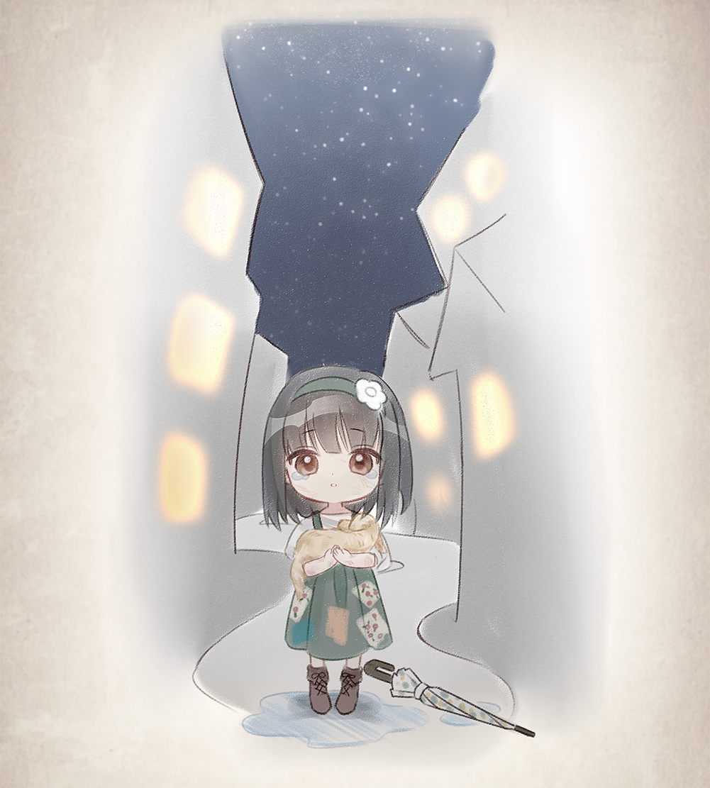 1girl animal artist_request black_hair boots brown_boots brown_eyes character_request chibi closed_umbrella crying crying_with_eyes_open dog dress flower game_cg green_dress green_hairband hair_flower hair_ornament hairband holding holding_animal holding_dog lace-up_boots long_dress looking_at_viewer medium_hair miracle_nikki night night_sky nikki_(series) official_art outdoors patchwork_clothes path pinafore_dress pleated_dress polka_dot polka_dot_umbrella puddle puffy_short_sleeves puffy_sleeves puppy road sad shirt short_sleeves sky sleeveless sleeveless_dress solo standing star_(sky) starry_sky tareme teardrop tears third-party_source town umbrella wet white_background white_flower white_shirt white_umbrella