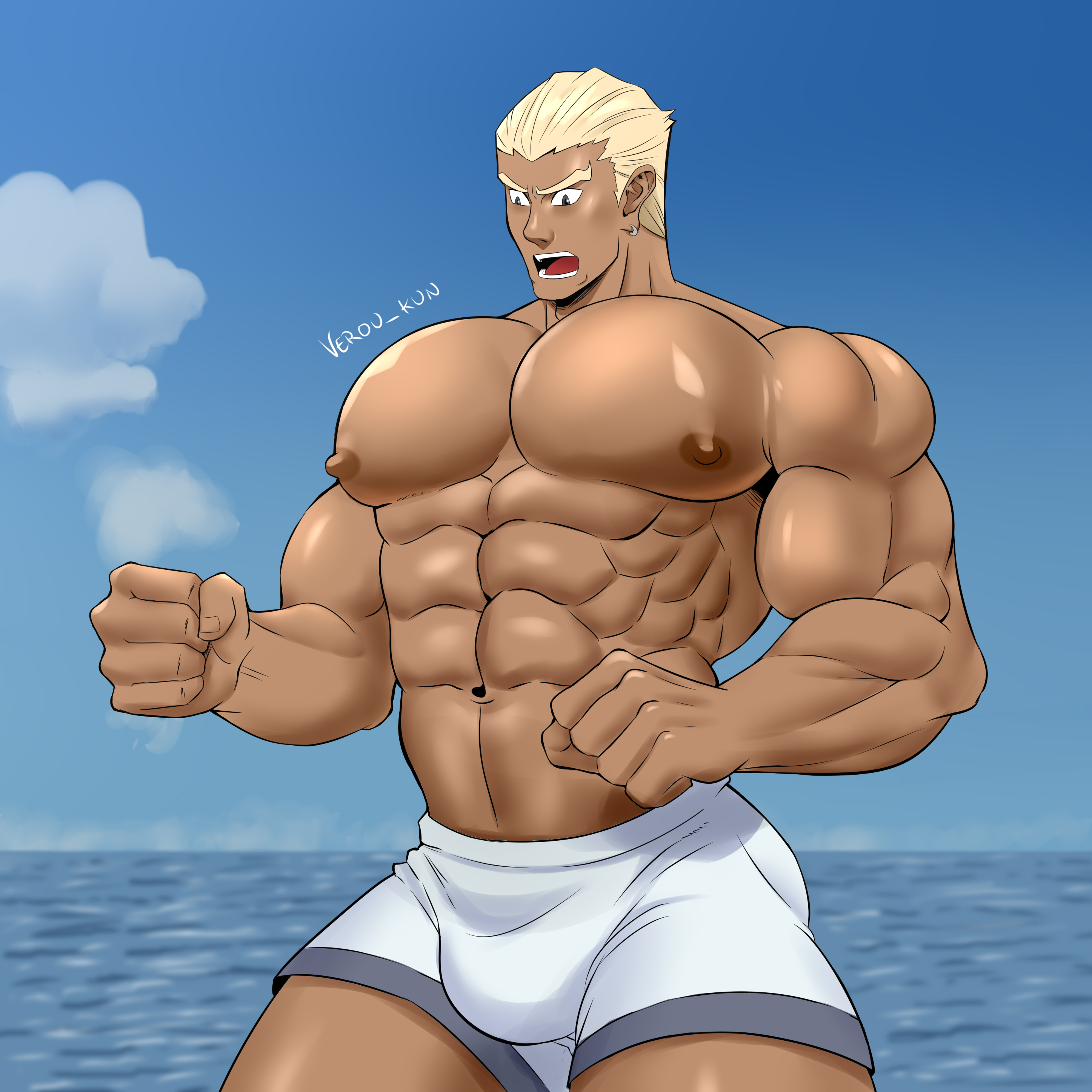 1boy abs absurdres artist_name bara biceps blonde_hair blue_sky brown_eyes bulge cloud cloudy_sky ear_piercing gamagoori_ira highres huge_pectorals kill_la_kill male_focus manly mature_male muscular muscular_arms muscular_male nipples ocean open_mouth pectorals piercing short_hair signature sky solo swimsuit teeth thick_eyebrows thighs tongue topless_male verou_kun