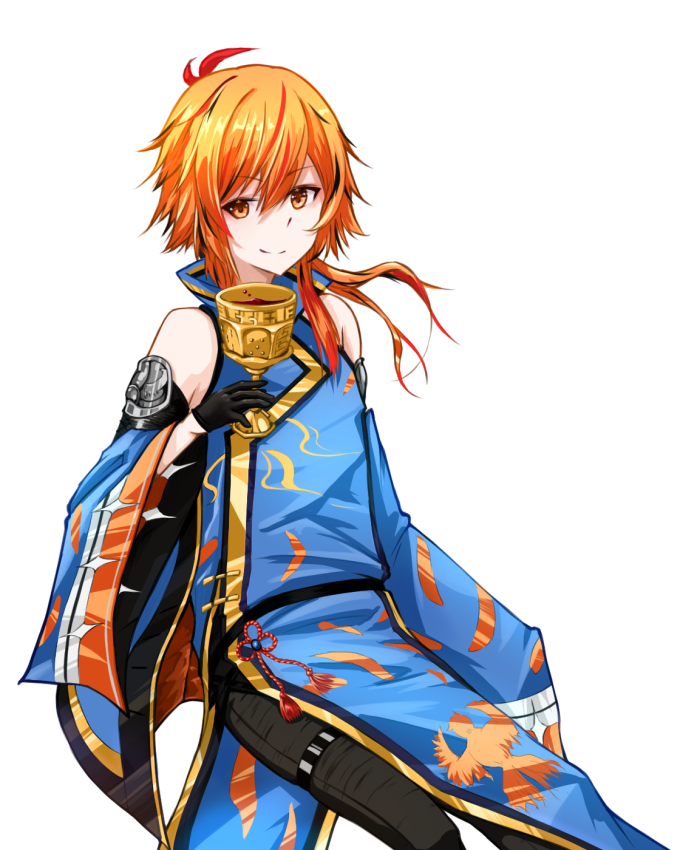 16ochz 1girl alcohol black_gloves black_hair blue_dress blue_sleeves chalice chinese_knot closed_mouth commentary_request cowboy_shot cup detached_sleeves dress gloves holding holding_cup kazami_kuku long_hair looking_at_viewer multicolored_hair nanashi_inc. orange_eyes orange_hair red_hair simple_background smile solo streaked_hair transparent_background virtual_youtuber wine