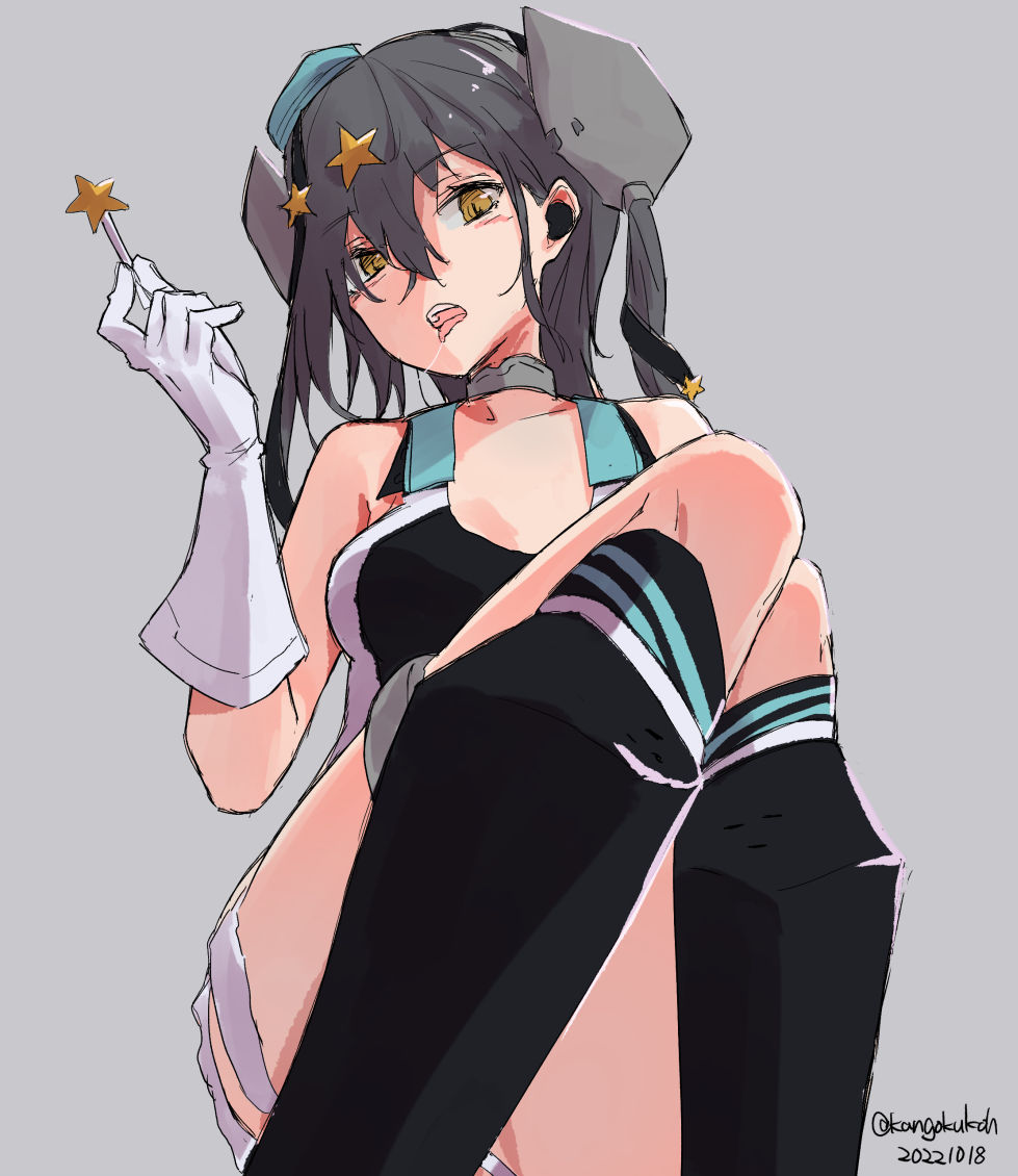 1girl aqua_hat black_footwear black_one-piece_swimsuit black_ribbon candy competition_swimsuit dated food garrison_cap gloves grey_eyes grey_hair hair_ornament hair_ribbon hat highleg highleg_one-piece_swimsuit kangoku_kou kantai_collection lollipop long_hair one-hour_drawing_challenge one-piece_swimsuit ribbon scamp_(kancolle) short_shorts shorts side_ponytail sitting solo star_(symbol) star_hair_ornament swimsuit swimsuit_under_clothes torn_clothes torn_shorts twitter_username white_gloves white_shorts