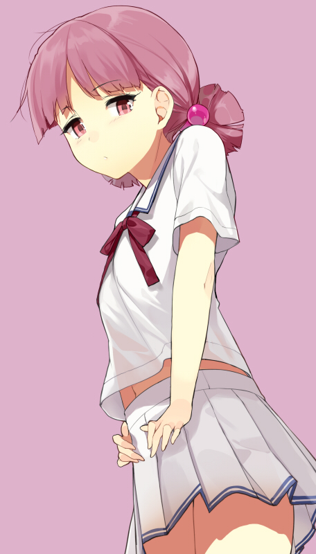 1girl bad_id bad_pixiv_id chousoku_spinner female_focus kirisaki_mai light_purple_hair navel pink_background pink_eyes pleated_skirt purple_background sasamori_tomoe school_uniform short_hair simple_background skirt solo