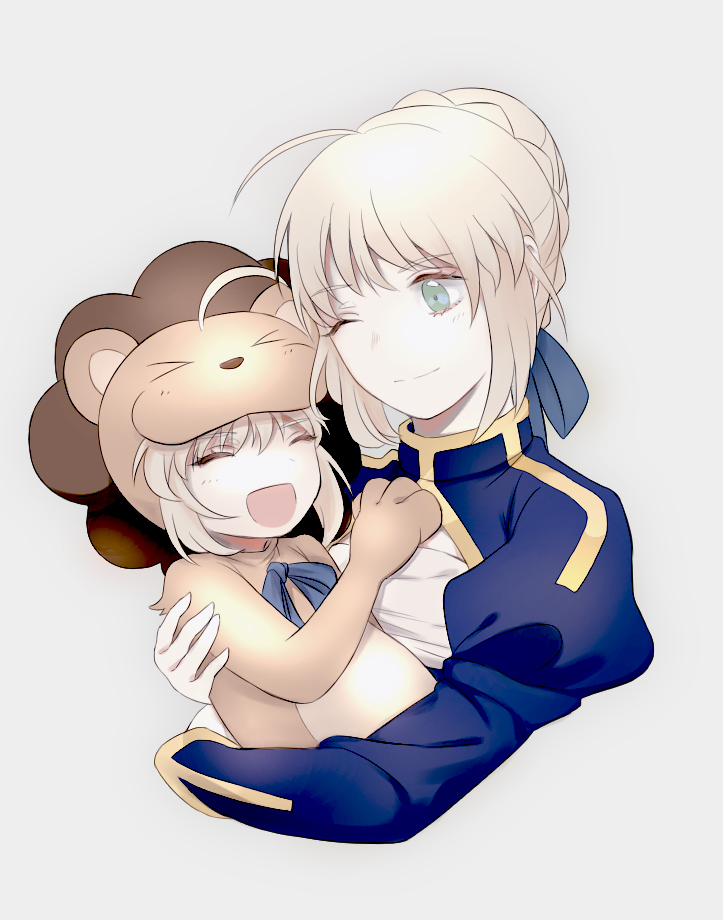 2girls :d ;) ahoge animal_costume artoria_pendragon_(fate) blue_ribbon braid braided_bun carrying closed_eyes closed_mouth cropped_torso fate/stay_night fate/tiger_colosseum fate_(series) green_eyes grey_background hair_between_eyes hair_bun hair_ribbon lion_costume long_sleeves multiple_girls neck_ribbon one_eye_closed open_mouth ribbon saber_(fate) saber_lion short_hair shrug_(clothing) silver_hair simple_background smile suzuakks upper_body