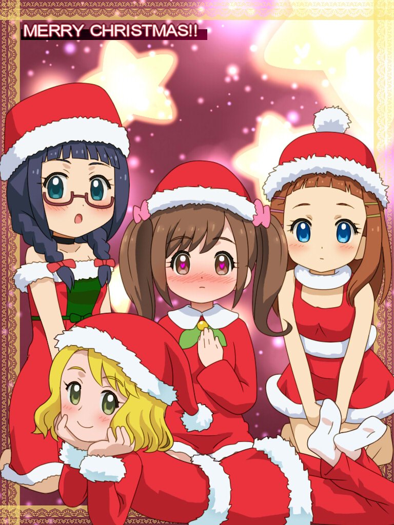 4girls awa blonde_hair blue_eyes blush brown_hair character_request christmas closed_mouth cocotama_(series) dress hat kamisama_minarai:_himitsu_no_cocotama long_hair looking_at_viewer multiple_girls open_mouth santa_hat short_hair smile yotsuba_kokoro