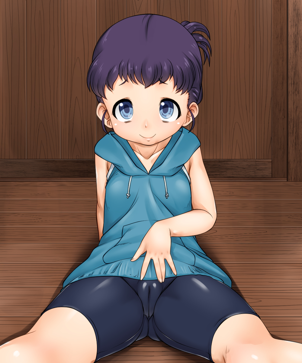 1girl bike_shorts black_hair blue_eyes cameltoe closed_mouth highres hood hoodie kuromukuro looking_at_viewer nurugamer-kouyouju ponytail shirahane_koharu short_hair sleeveless sleeveless_hoodie smile solo