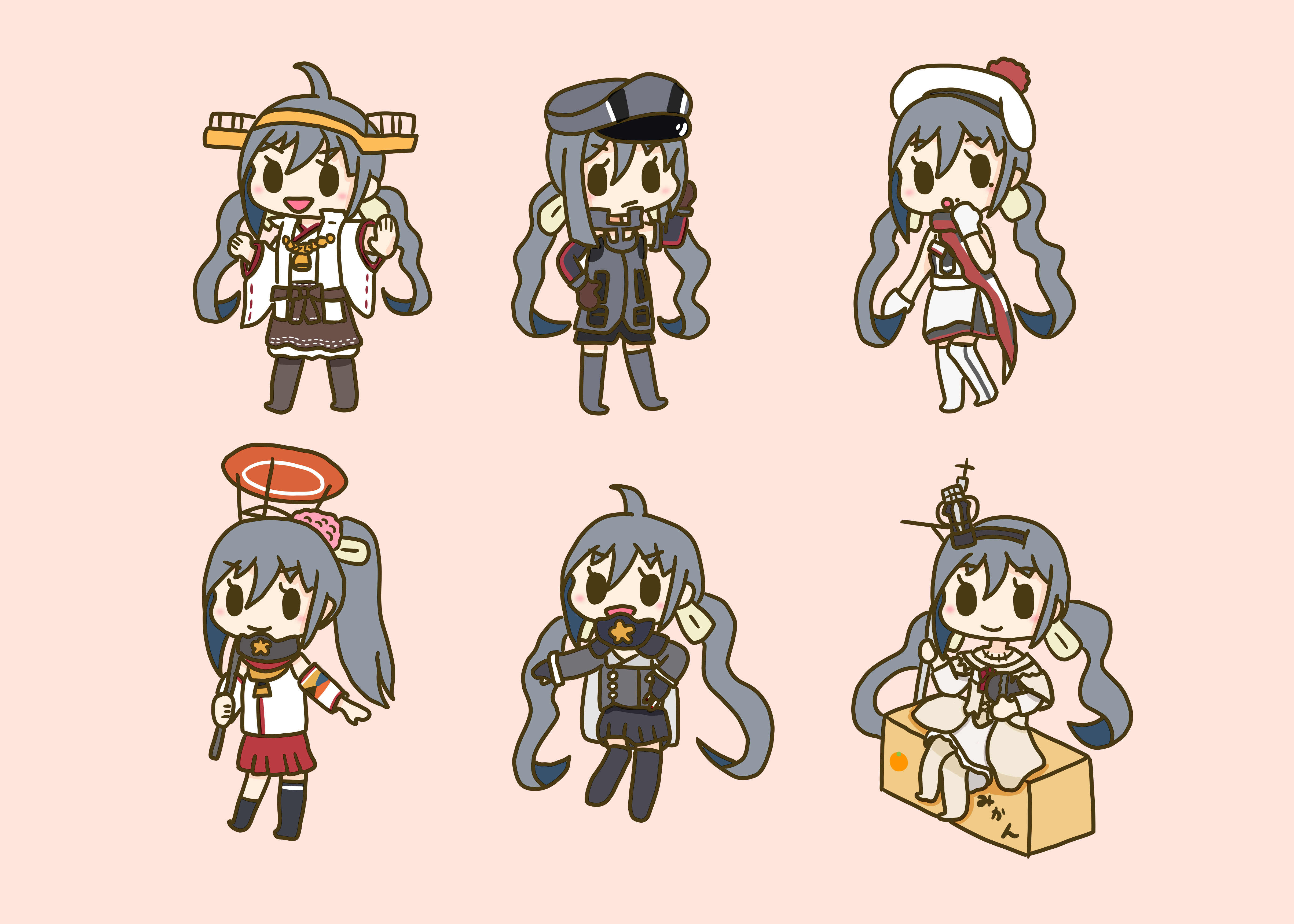 1girl :d absurdres ahoge beret bismarck_(kancolle) bismarck_(kancolle)_(cosplay) black_gloves black_thighhighs box brown_gloves brown_hair brown_skirt cardboard_box cherry_blossoms chibi cosplay crown detached_sleeves dress fingerless_gloves flower gloves grey_footwear grey_hair hair_between_eyes hat headgear highres holding holding_umbrella kantai_collection kiyoshimo_(kancolle) kongou_(kancolle) kongou_(kancolle)_(cosplay) long_hair long_sleeves looking_at_viewer low_twintails mini_crown mole mole_under_eye mole_under_mouth multiple_views musashi_(kancolle) musashi_(kancolle)_(cosplay) musashi_kai_ni_(kancolle) nontraditional_miko off-shoulder_dress off_shoulder oil-paper_umbrella open_mouth peaked_cap pink_background pom_pom_(clothes) ponytail red_flower red_rose red_skirt ribbon-trimmed_sleeves ribbon_trim richelieu_(kancolle) richelieu_(kancolle)_(cosplay) rose scarf simple_background single_thighhigh sitting skirt smile supertron6251 thighhighs twintails umbrella very_long_hair warspite_(kancolle) warspite_(kancolle)_(cosplay) white_dress white_gloves wide_sleeves yamato_(kancolle) yamato_(kancolle)_(cosplay)