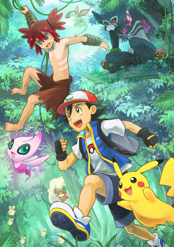 2boys :d akuru_(akr369akr) alternate_color ash_ketchum bad_id bad_pixiv_id barefoot black_gloves blouse blue_eyes celebi clenched_hand cottonee creatures_(company) cutiefly day fingerless_gloves flygon forest game_freak gen_1_pokemon gen_2_pokemon gen_3_pokemon gen_5_pokemon gen_7_pokemon gen_8_pokemon gloves grass jungle koko_(pokemon) legendary_pokemon male_focus multiple_boys mythical_pokemon nature nintendo open_mouth outdoors pikachu plant pokemon pokemon_(anime) pokemon_(creature) pokemon_the_movie:_secrets_of_the_jungle print_shirt red_hair running seedot shiny_pokemon shirt shoes shorts sky smile sneakers topless_male vines white_shirt zarude zarude_(dada)