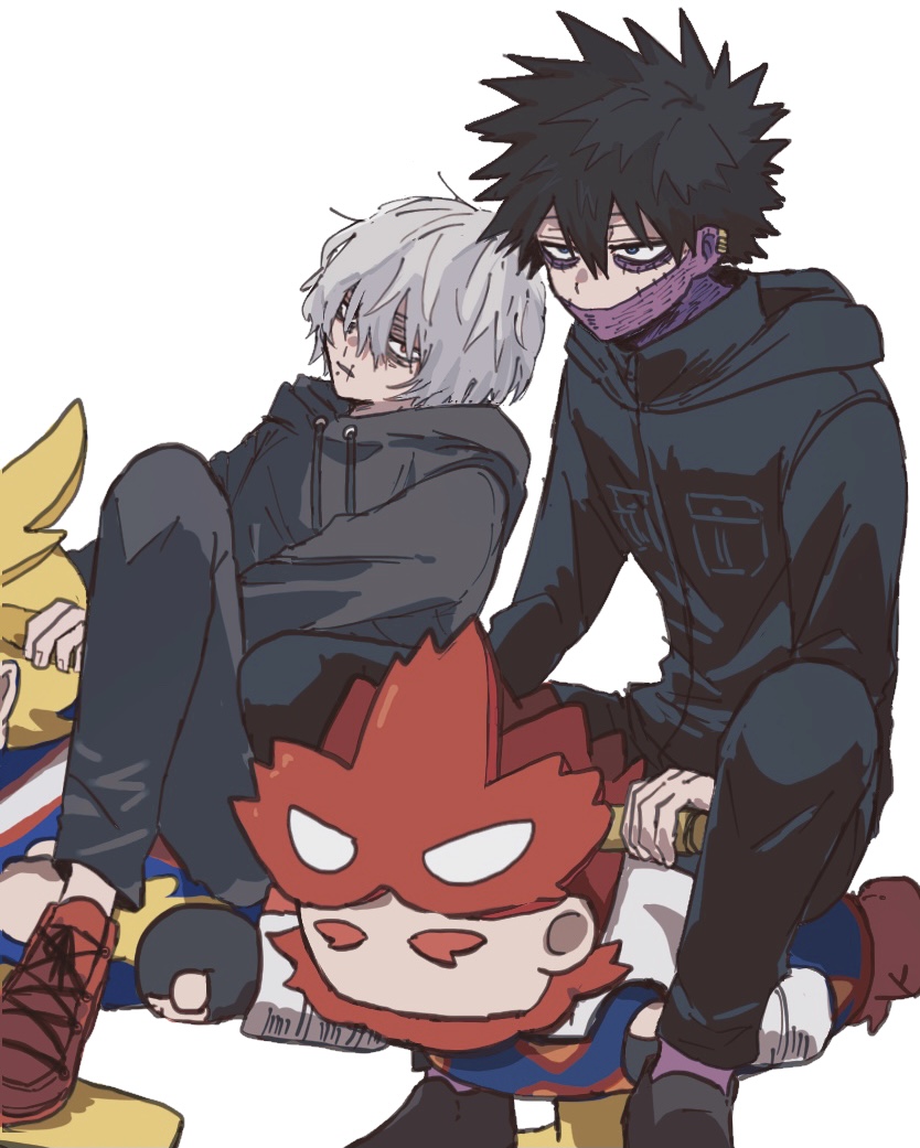 2boys all_might ametaro_(ixxxzu) black_footwear black_hair black_hoodie black_jacket black_pants blue_eyes boku_no_hero_academia burn_scar cheek_piercing dabi_(boku_no_hero_academia) endeavor_(boku_no_hero_academia) face_piercing grey_hair hood hooded_jacket hoodie jacket male_focus multiple_boys multiple_scars pants piercing red_eyes red_footwear scar scar_on_face shigaraki_tomura short_hair simple_background spiked_hair staple stapled white_background wrinkled_skin
