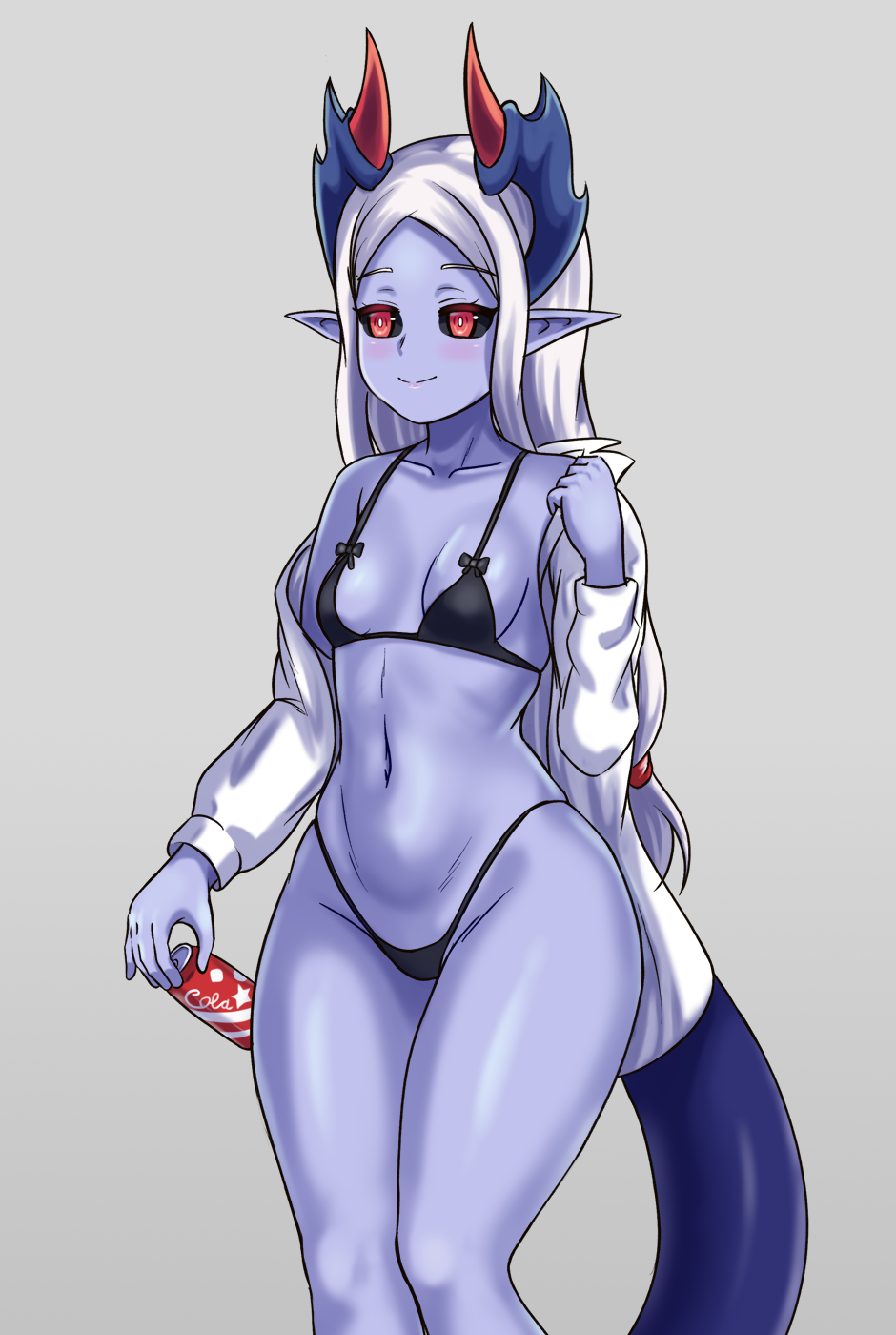 1girl bikini black_bikini black_sclera blush breasts can collarbone colored_sclera commentary demon_(monster_girl_encyclopedia) demon_girl demon_horns grey_background highleg highleg_bikini highres holding holding_can horns long_hair long_sleeves looking_away low-tied_long_hair monster_girl_encyclopedia monster_girl_encyclopedia_ii nav_(itsnav) navel off_shoulder pointy_ears red_eyes shirt silver_hair simple_background small_breasts smile solo stomach swimsuit tail white_shirt